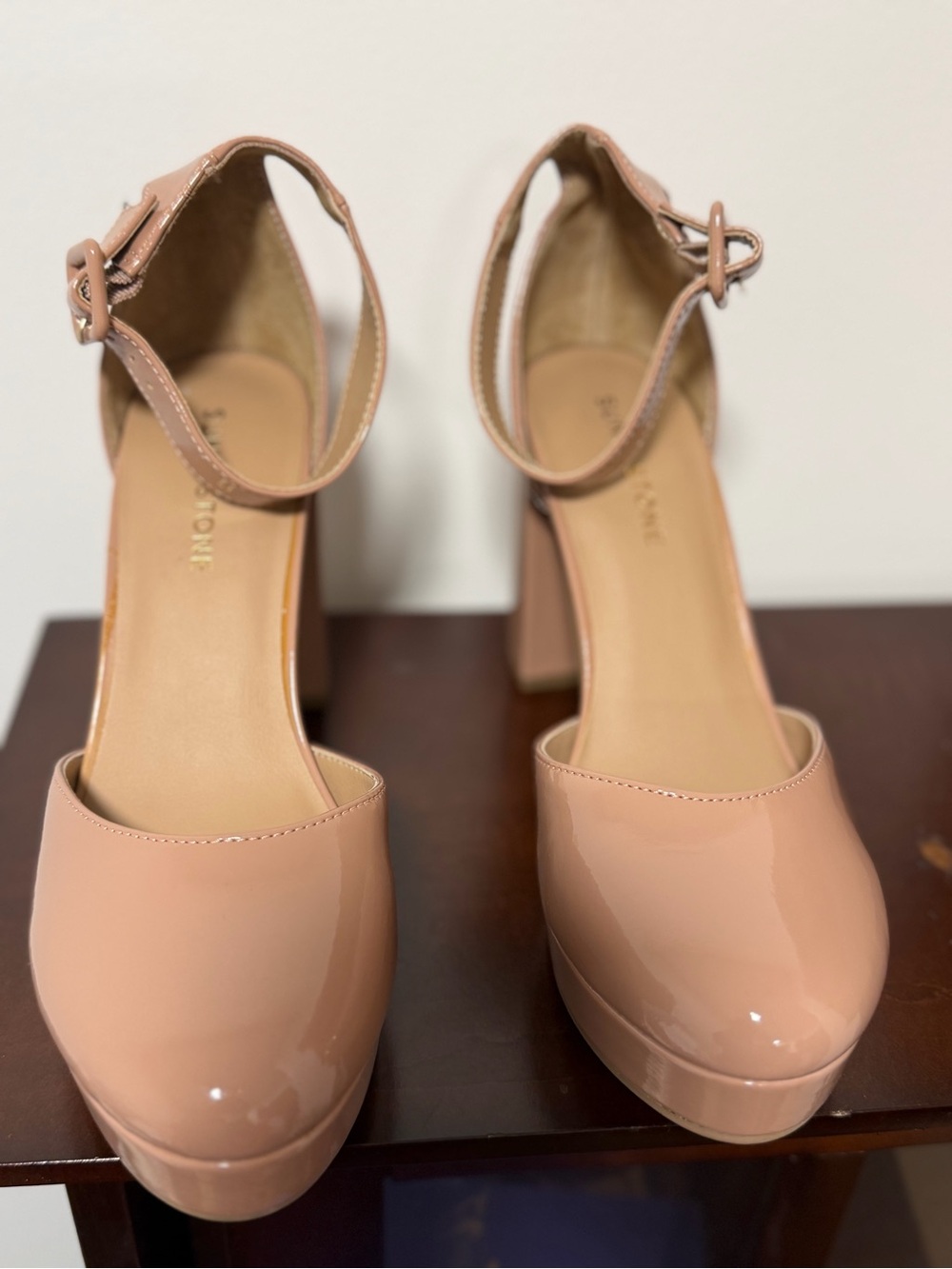 Sun + Stone Nude Patent Ankle-Strap Platform Heels